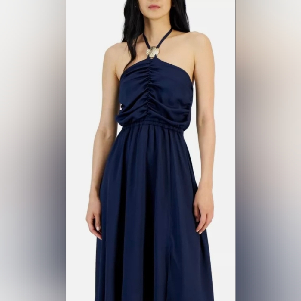 INC International Concepts Ruched Halter Maxi Dress In Indigo Sea. Size Med. EUC